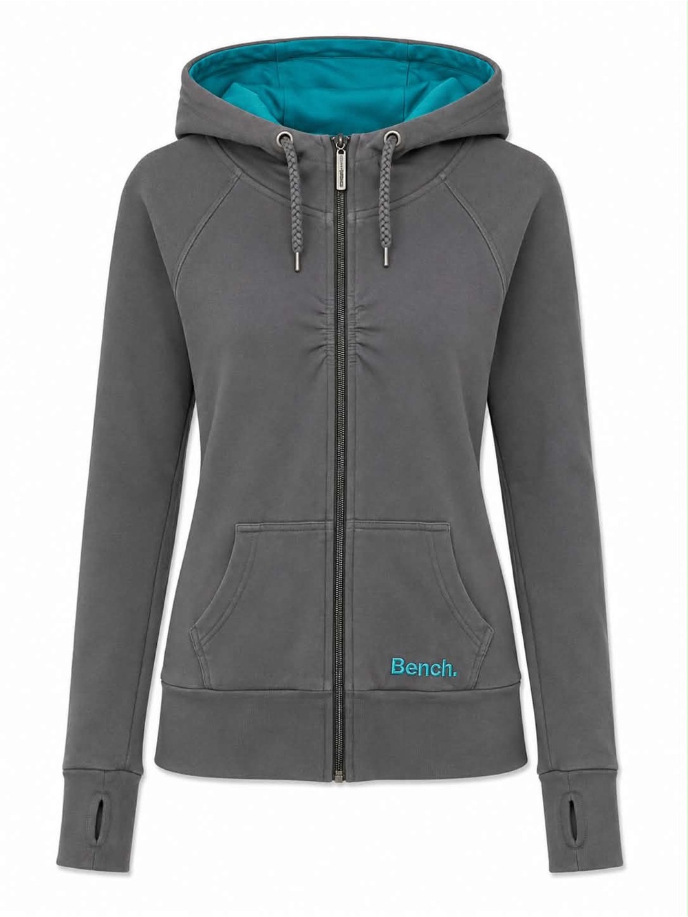 4/$20➡️ Bench Gray Zip-Up Hoodie Teal Lining & Ruching – Size Small GUC/Fair